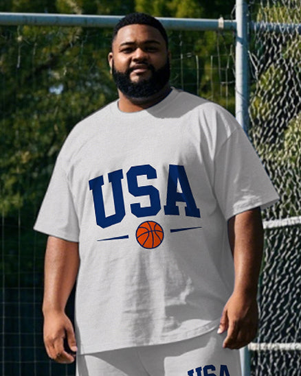 Big Men's Casual Simple USA Letter Basketball Printed Short Sleeve T-shirt Pants Set