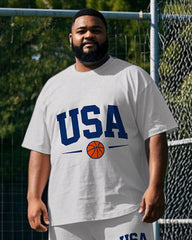 Big Men's Casual Simple USA Letter Basketball Printed Short Sleeve T-shirt Pants Set