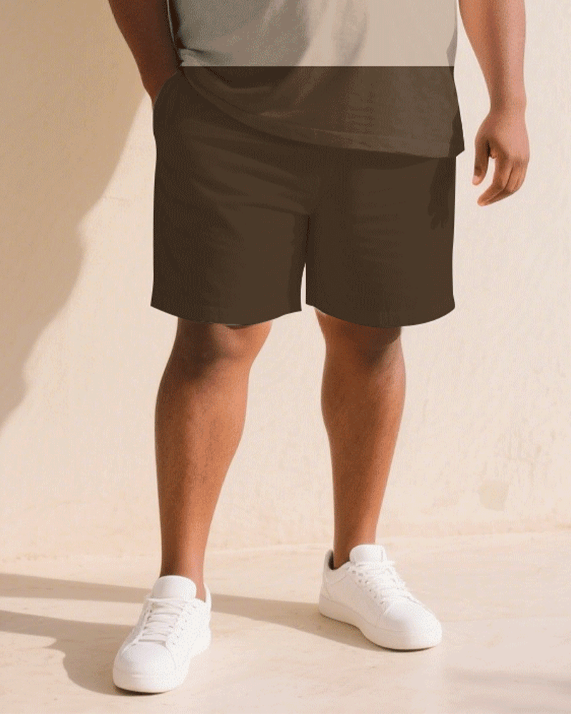 Men's Plus Size Brown & Khaki Chest Small Label Short Sleeve T-Shirt Shorts Suit