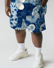 Men's Plus Size Blue Tie Dye Bear Print Short Sleeve T-Shirt Shorts Suit