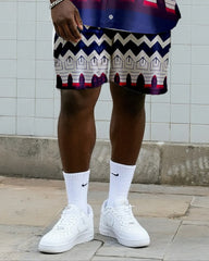 Big & Tall Men's Daily Leisure. Vintage Wave Striped Hierarchical Print Shirt Shorts Suit
