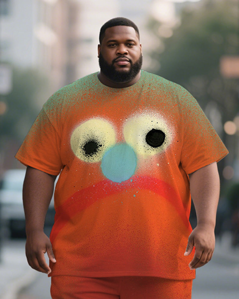 Big & Tall Men's Orange Emoji Graffiti Print Round Neck Short Sleeve T-Shirt Shorts Suit