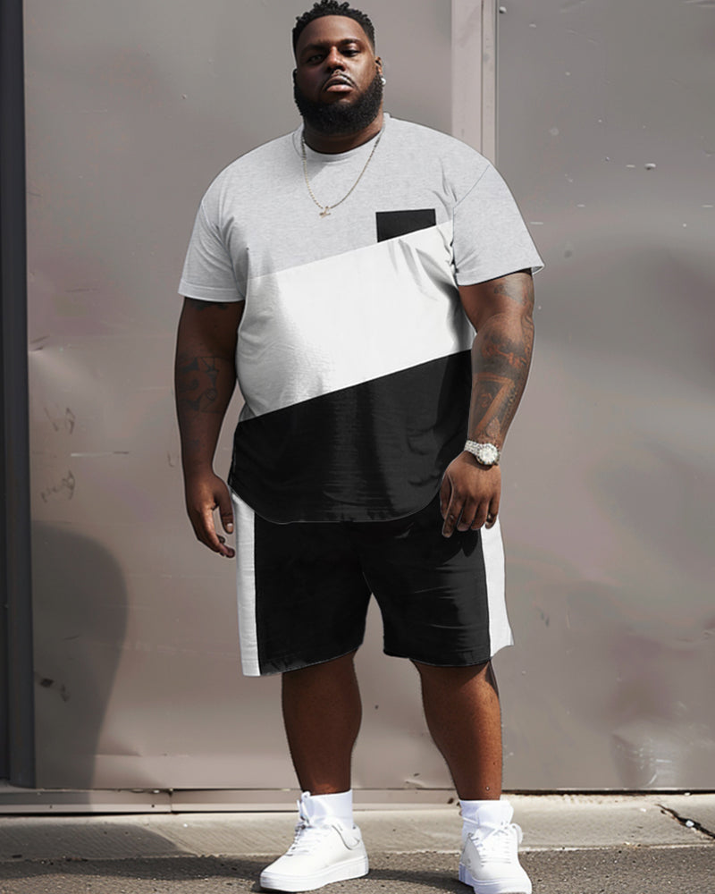 Street Casual Black And White Gray Color Block Print Large Men's Set