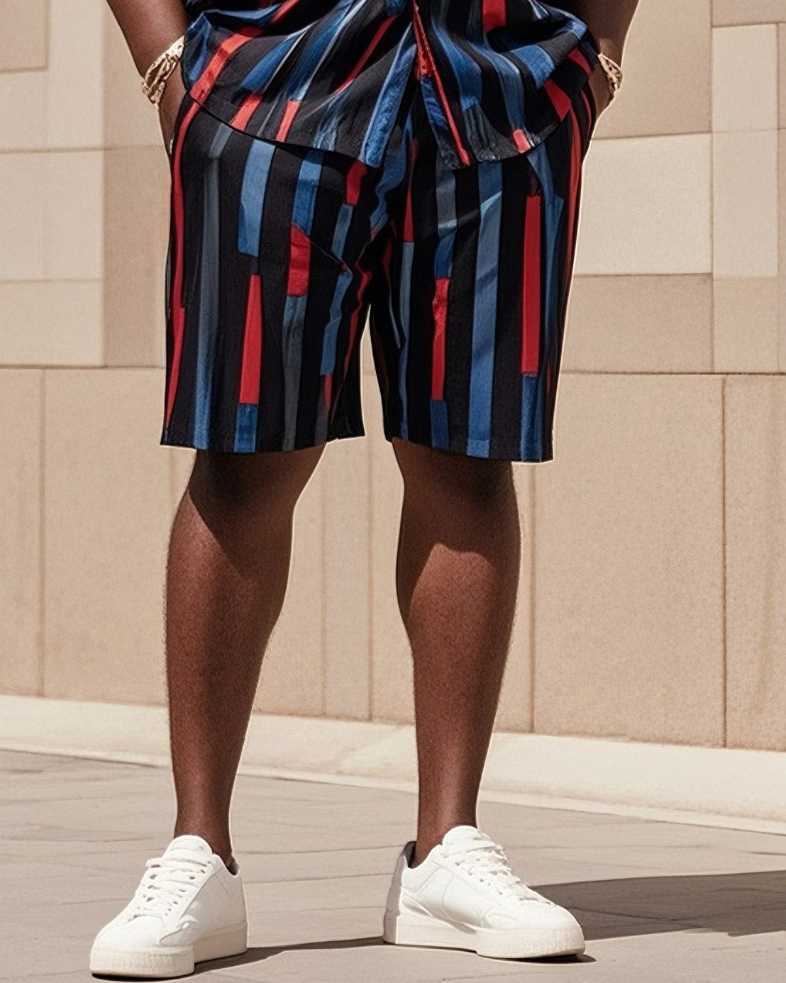 Big Men's-Hot Blue Red Black Striped Color Block Printed Short Sleeve Shirt Shorts Suit