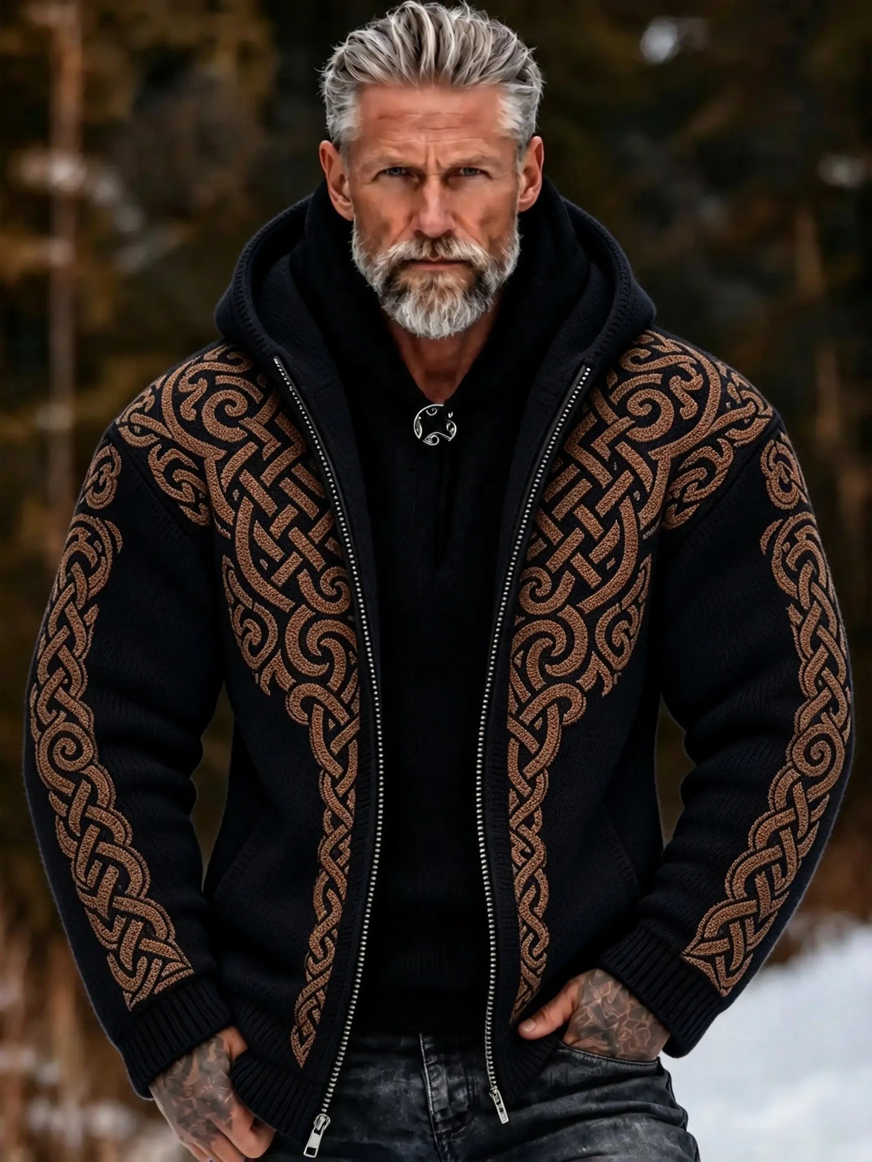 Men's Vintage Viking Celtic Knot Cozy Warm Knitted Jacquard Zipper Hooded Sweater