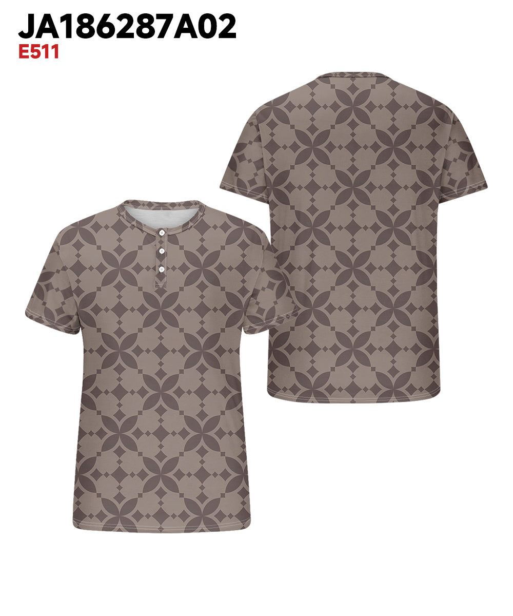 Men's Plus Size Daily Casual Brown Diamond Geometric Print Henley Collar Button Short Sleeve Tee