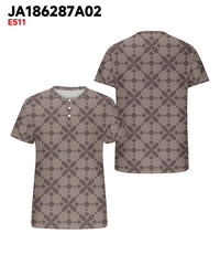 Men's Plus Size Daily Casual Brown Diamond Geometric Print Henley Collar Button Short Sleeve Tee