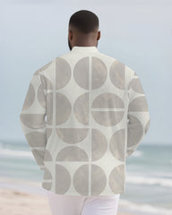 Big & Tall Men's White Gray Colorblock Geometric Print Bamboo Hemp Texture Henry Collar Long Sleeve Shirt