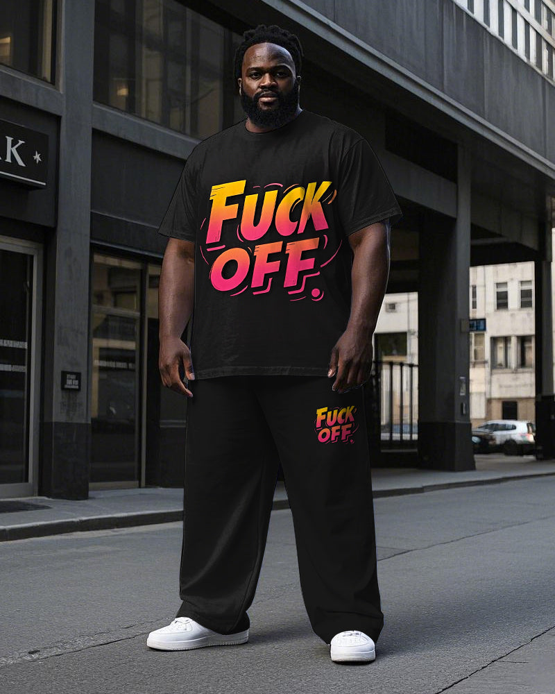 Men's Big Size Simple Gradient FUCK OFF Letter Printed Short Sleeve T-shirt Pants Set