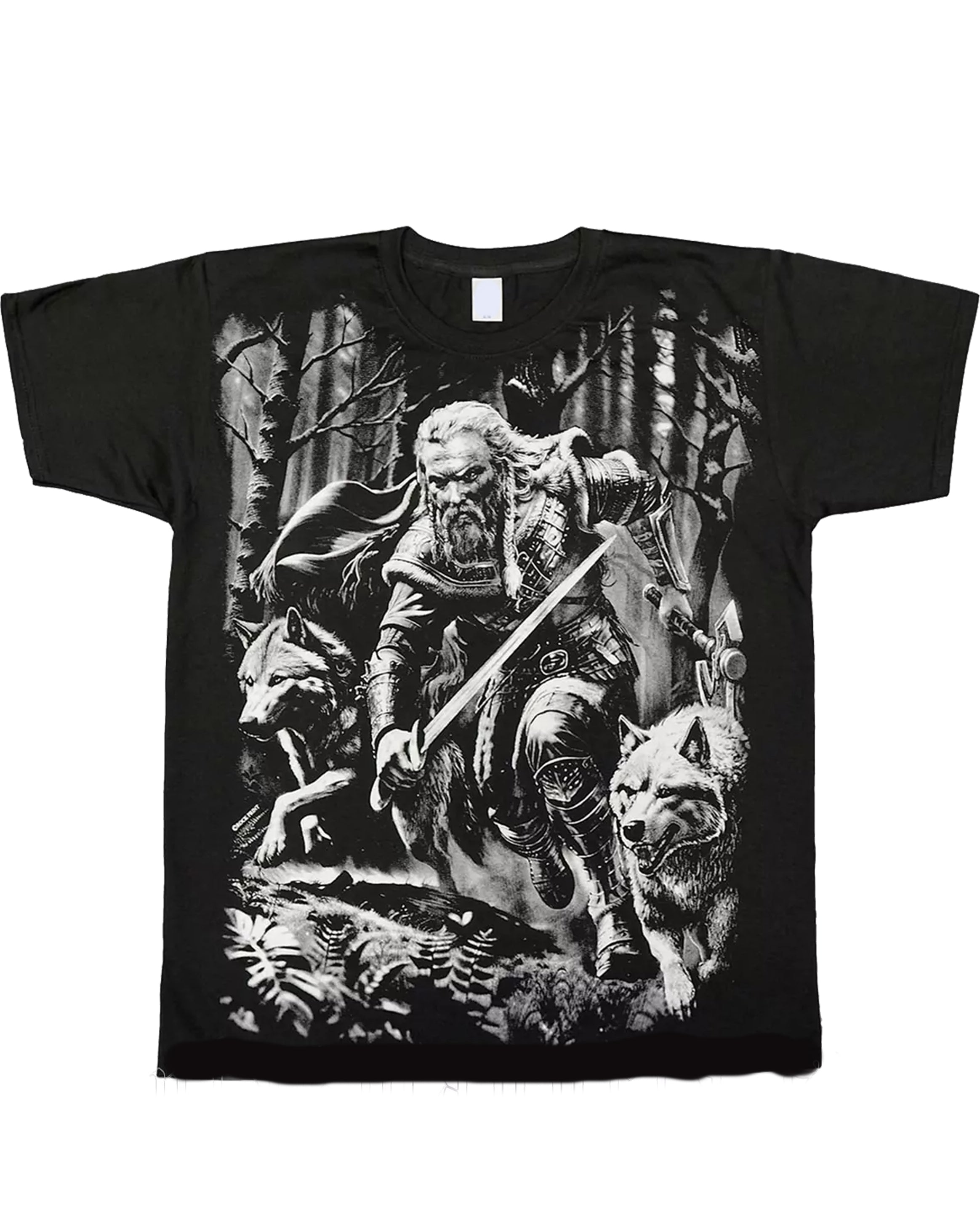 Plus Size Black Print T-shirt Men's T-shirt With A Viking Warrior Running With Two Wolves In The Dark Woods-printed Front And Back