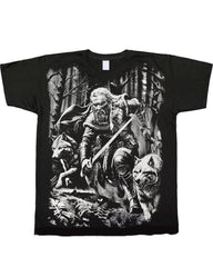 Plus Size Black Print T-shirt Men's T-shirt With A Viking Warrior Running With Two Wolves In The Dark Woods-printed Front And Back