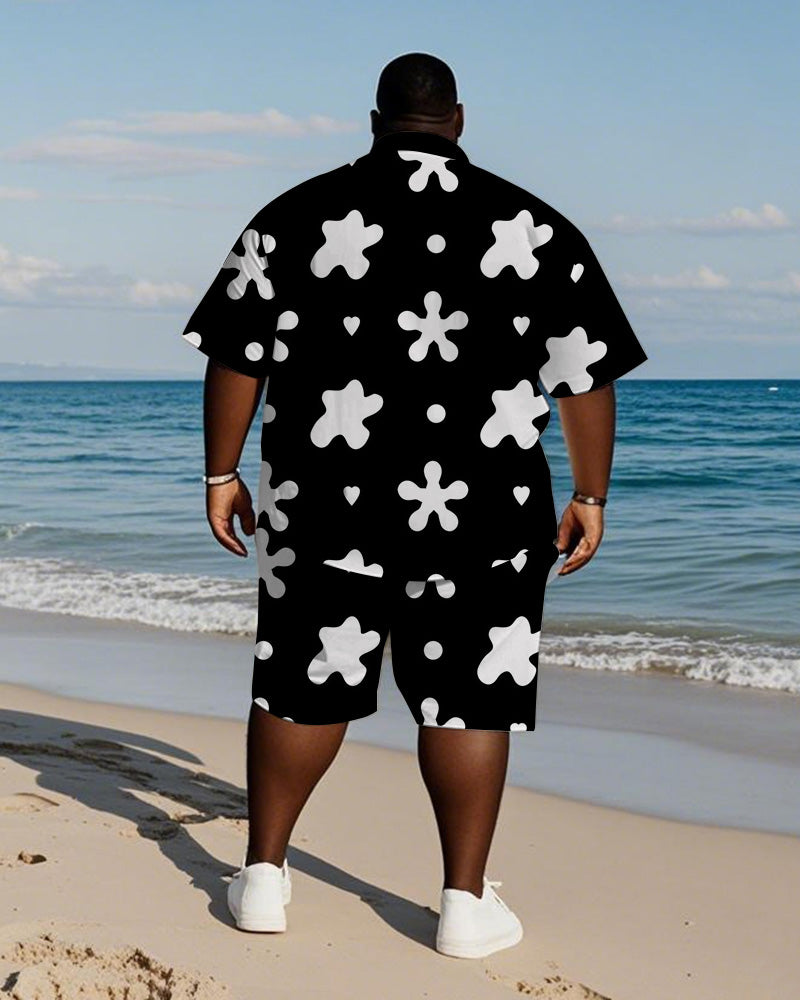 Men's Plus Size Hawaiian Black And White Geometric Print Shirt Shorts Suit