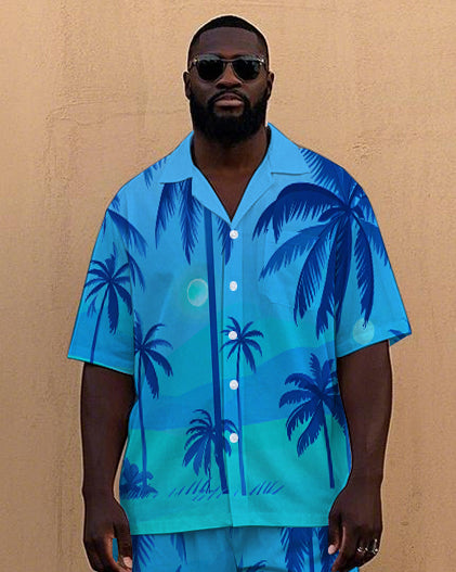 Big Men's Gradient Hawaiian Coconut Trees Printed Cuban Collar Short Sleeve Shirt Shorts Set