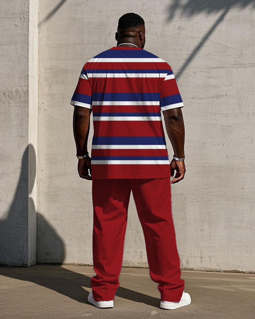 Men's Plus Size Summer Breathable Fabric Red Stripe Short Sleeve T-shirt Trousers Suit