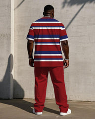 Men's Plus Size Summer Breathable Fabric Red Stripe Short Sleeve T-shirt Trousers Suit