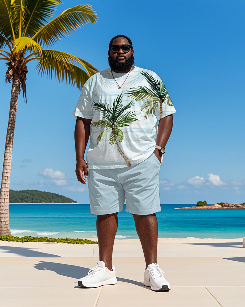 Big & Tall Men's Hawaiian Blue Coconut Stripe Print Round Neck Short Sleeve T-Shirt Shorts Suit