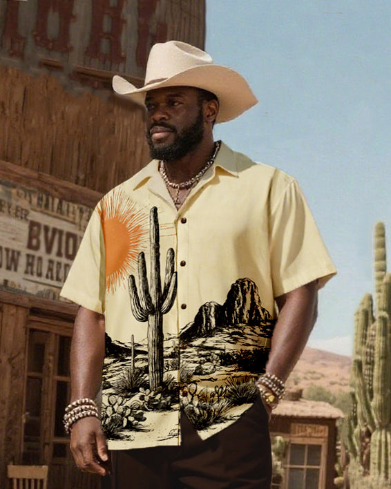 Big & Tall Men's Western Wind Desert Cactus Print-Cuban Collar Short Sleeve Shirt Pants Suit