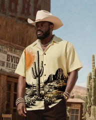 Big & Tall Men's Western Wind Desert Cactus Print-Cuban Collar Short Sleeve Shirt Pants Suit