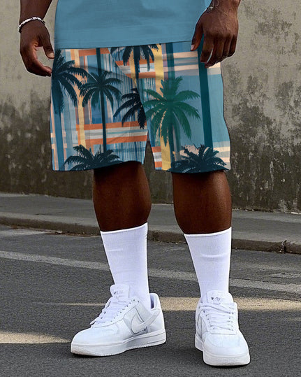 Big Men's Hawaiian Coconut Tree Geometric Pattern Printed Short Sleeve Polo Shirt Shorts Set