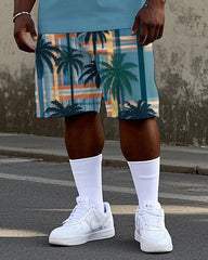 Big Men's Hawaiian Coconut Tree Geometric Pattern Printed Short Sleeve Polo Shirt Shorts Set