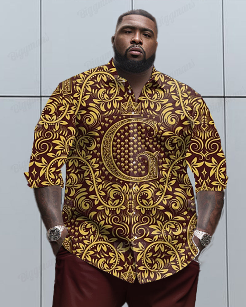 Letter Flower Totem Long Sleeve Lapel Shirt 2 Piece Set Men's Plus Size