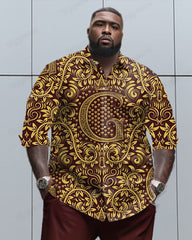 Letter Flower Totem Long Sleeve Lapel Shirt 2 Piece Set Men's Plus Size