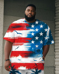 Men's Plus Size Independence Day Flag Coconut Tree Print Round Neck Short Sleeve T-Shirt Shorts Suit