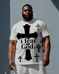 Big Men's Simple Street Fashion Cross i fear GOD Printed Short Sleeve T-Shirt Shorts Set
