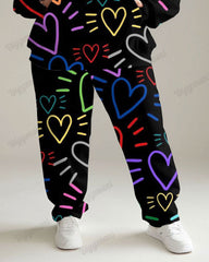 Women's Big & Tall Jogging Set Colorful Heart Print Hoodie Pants Set