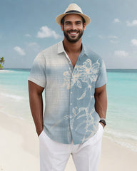 Men's Plus Size Hawaiian Gradient Blue Floral Print Short Sleeve Slub Shirt