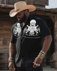Big & Tall Men's Western Halloween Cat Fire Print-Black Short Sleeve Shirt Pants Suit