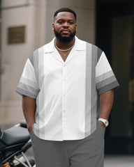 Men's Plus Size Business Gray Gradient Stripe Print Short Sleeve Shirt Trousers Suit