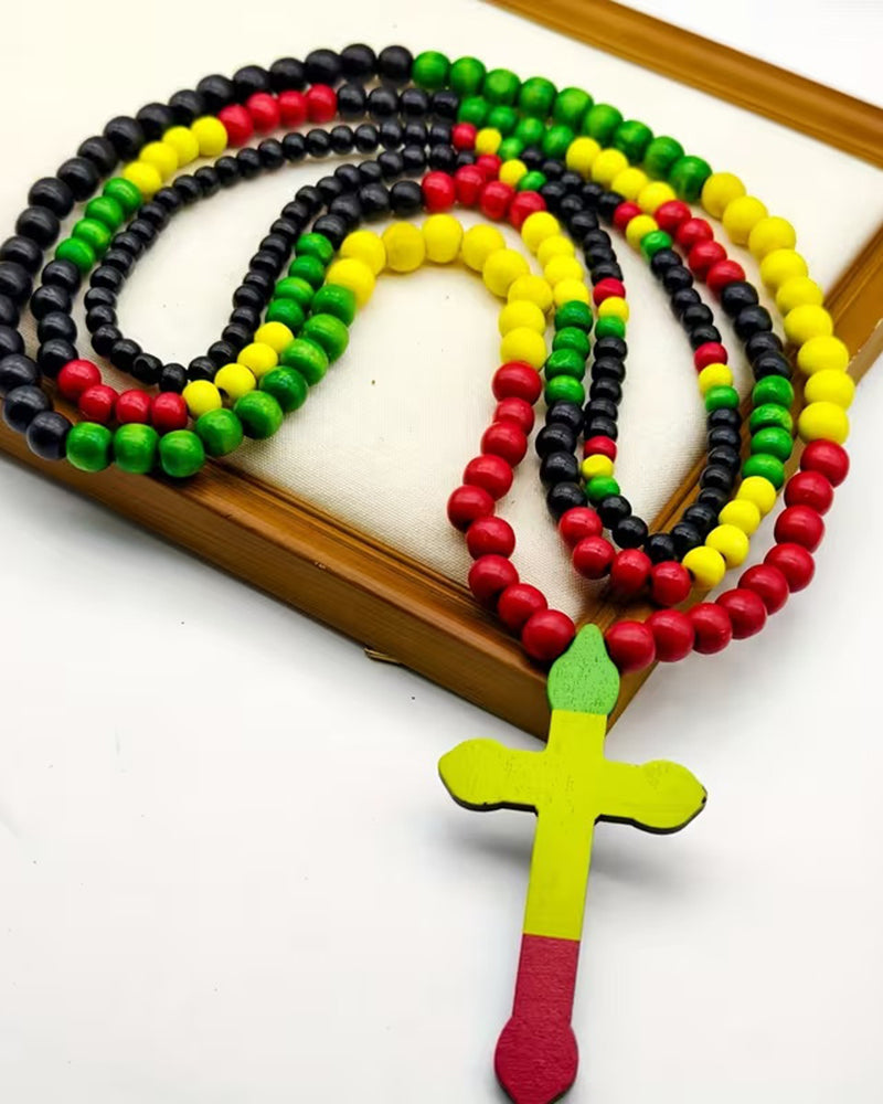 Reggae Color Wooden Bead Cross Necklace Hip Hop Jewelry