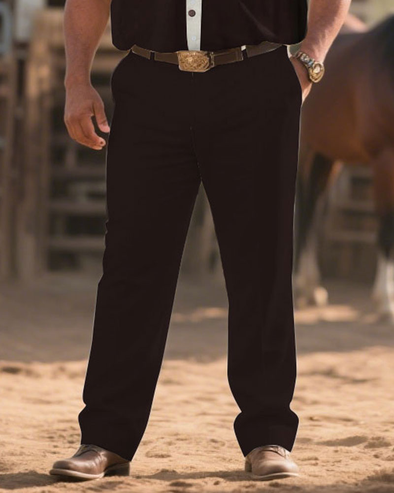Western Denim-Men's Plus Size Dark Brown Mascot Symmetrical Printed Short Sleeve Shirt Trousers Suit