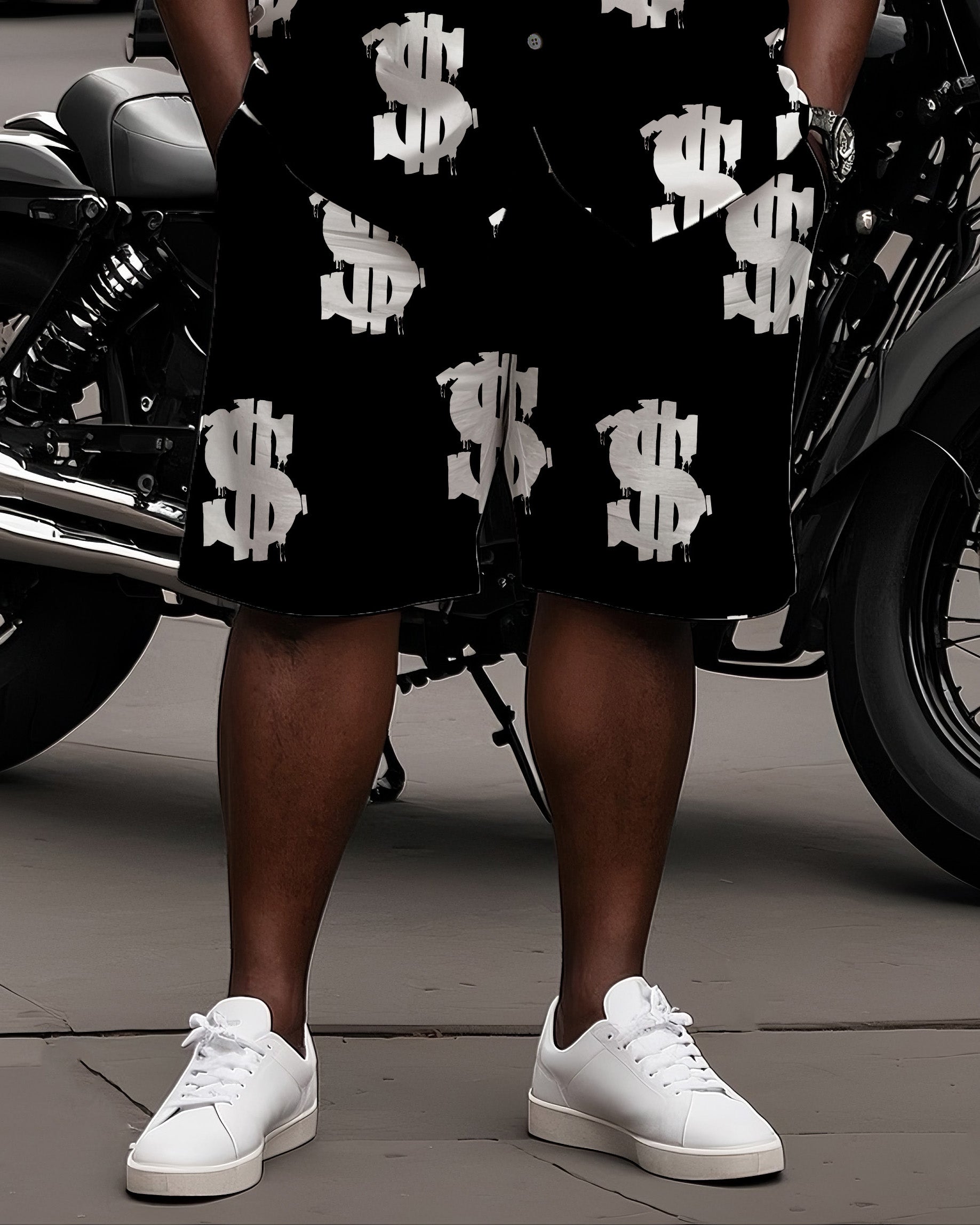 Big Man's Street Biker Style White Dollar Print Black Short Sleeve Shirt Shorts Suit