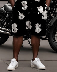 Big Man's Street Biker Style White Dollar Print Black Short Sleeve Shirt Shorts Suit