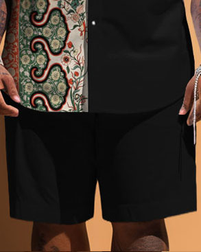 Men's Plus Size Simple Pattern Patchwork Printing Pocket Short-sleeved Shirt Shorts Suit