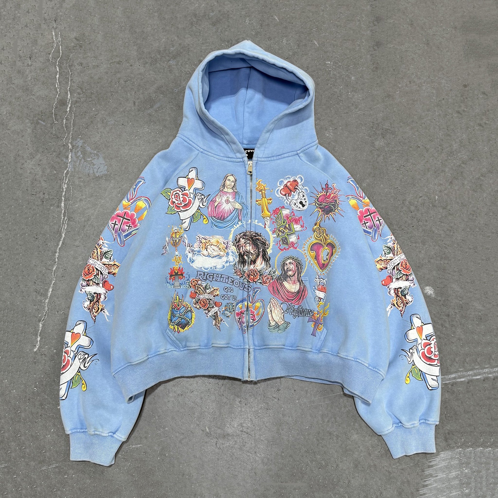 Big & Tall Men's JESUS Multiple Printed Light Blue Zip Hoodie