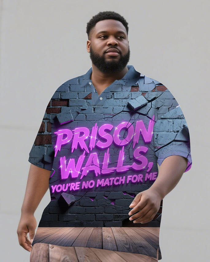 Big Men's Purple PRISON WALLS Lettering Casual Streetwear Short-Sleeve Polo Shirt Shorts Set