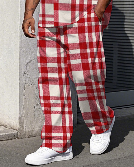 Men's Big Size Daily Casual Classic Simple Red Plaid Printed Long Sleeve Shirt Pants Set