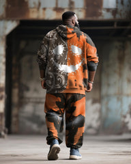 Big & Tall Men's Halloween Orange Pumpkin Facial Contrast Stitch Print Hoodie Suit