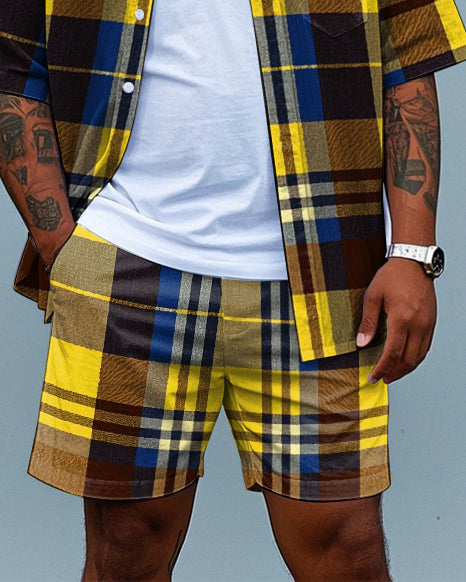Big Men's Retro Fashion Yellow Plaid Printed Pocket Short Sleeve Shirt and Shorts Set