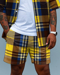 Big Men's Retro Fashion Yellow Plaid Printed Pocket Short Sleeve Shirt and Shorts Set