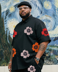 Big Boy Daily Casual Black Simple Flower Short Sleeve Shirt Trousers Suit