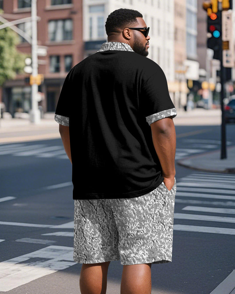 Big & Tall Men's Business Black Patchwork Printed Short Sleeve Polo Shirt Shorts Suit