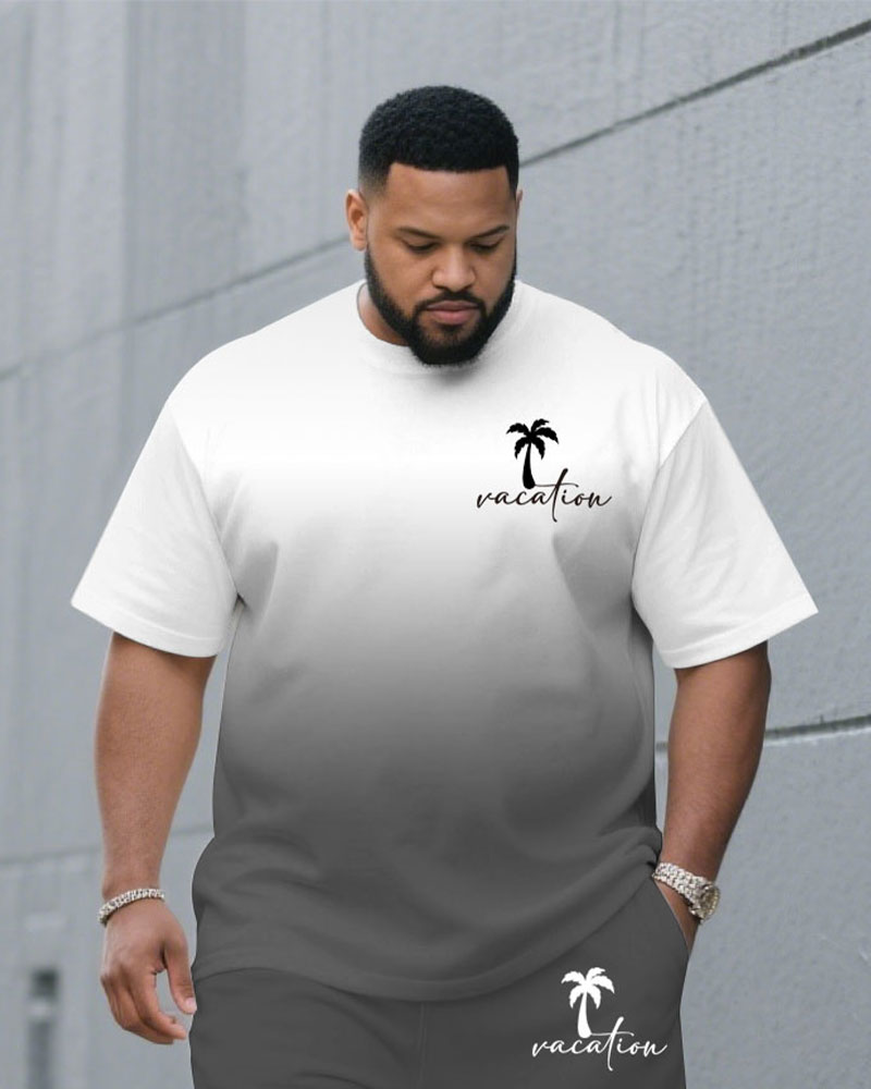 Men's Plus Size Grey & White Gradient Chest Vacation Small Label Coconut Tree Printed Round Neck Short Sleeve T-Shirt Suit Pants