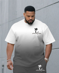 Men's Plus Size Grey & White Gradient Chest Vacation Small Label Coconut Tree Printed Round Neck Short Sleeve T-Shirt Suit Pants