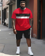 Men's Large Size Simple Patchwork Sports Style T-shirt & Shorts Set