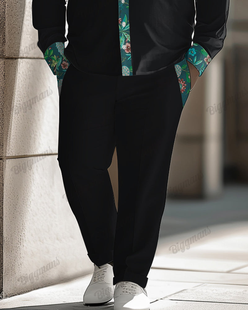 Featured Flower Plant Patchwork Pocket Long Sleeve Lar Shirt 2-Piece Set Men's Plus Size