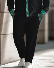 Featured Flower Plant Patchwork Pocket Long Sleeve Lar Shirt 2-Piece Set Men's Plus Size